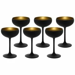Stolzle 7.75oz Olympia Crystal Champagne Saucer Coupe Glasses - Set Of 6 | Black & Gold