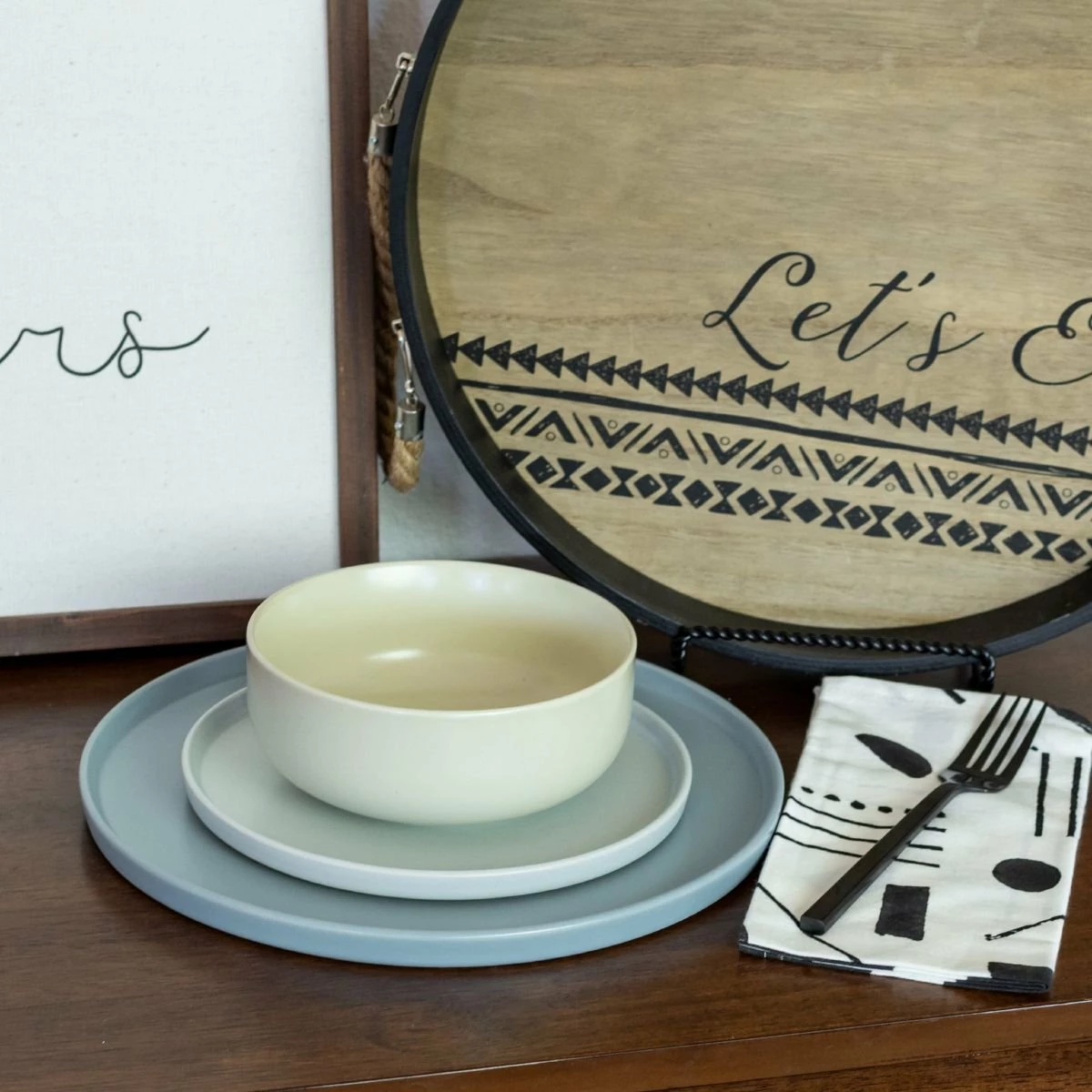 Everything Kitchens Modern Flat 12-Piece Dinnerware Set | Dusty Blue, Stone Gray, Beige - Image 5