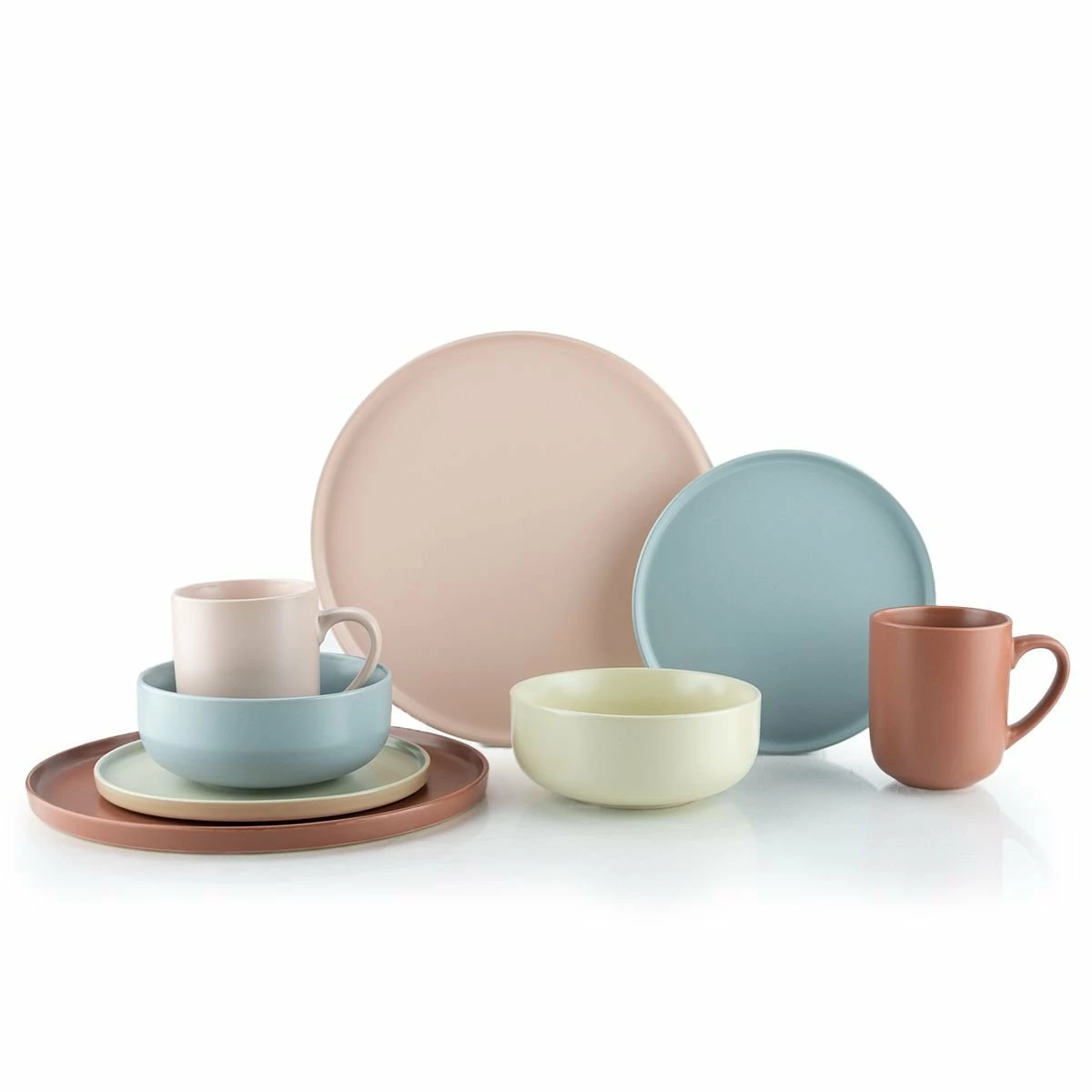 Everything Kitchens Modern Flat 32-Piece Dinnerware Set | Terracotta, Beige, Dusty Blue, Soft Pink