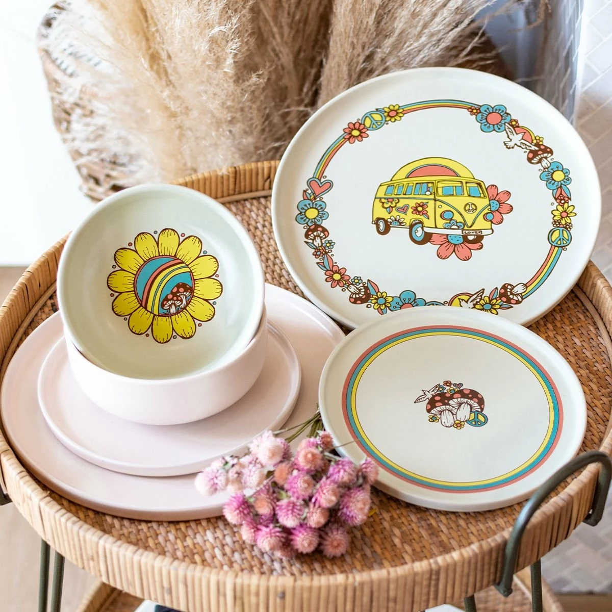 Everything Kitchens Modern Flat 24-Piece Dinnerware Set | Peace & Love + Soft Pink - Image 2